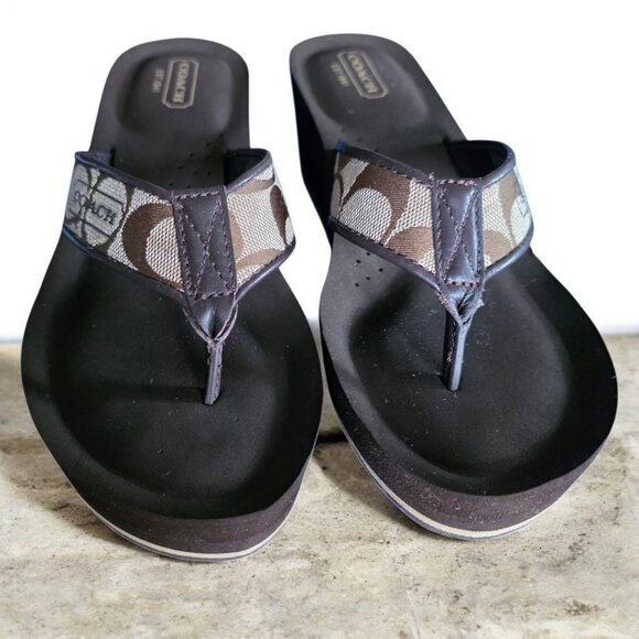 COACH ( 7 ) Women's Signature Platform Wedge Flip Flop Sandals Black/Beige - Picture 3 of 9